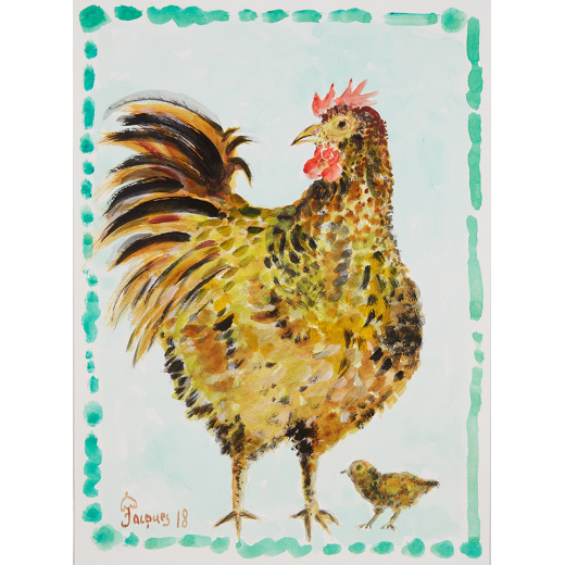 “Roosts Chix” is an original painting by chef and artist Jacques Pepin