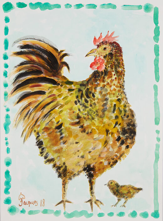 “Roosts Chix” is an original painting by chef and artist Jacques Pepin