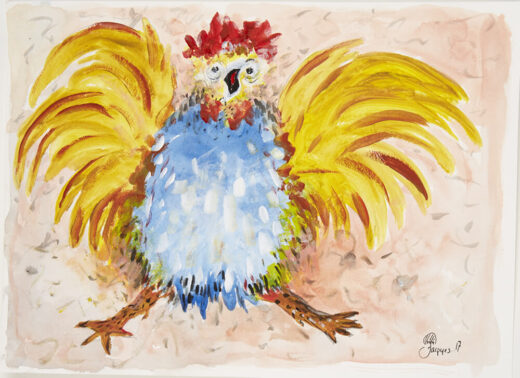 “Screaming Rooster” is an original painting by chef and artist Jacques Pepin