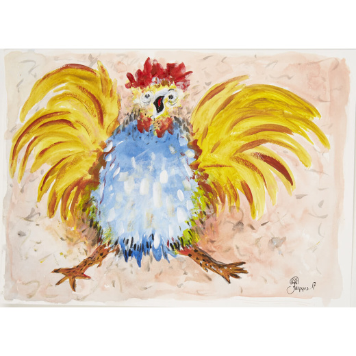 “Screaming Rooster” is an original painting by chef and artist Jacques Pepin