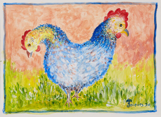 “Siamese Chickens” is an original painting by chef and artist Jacques Pepin