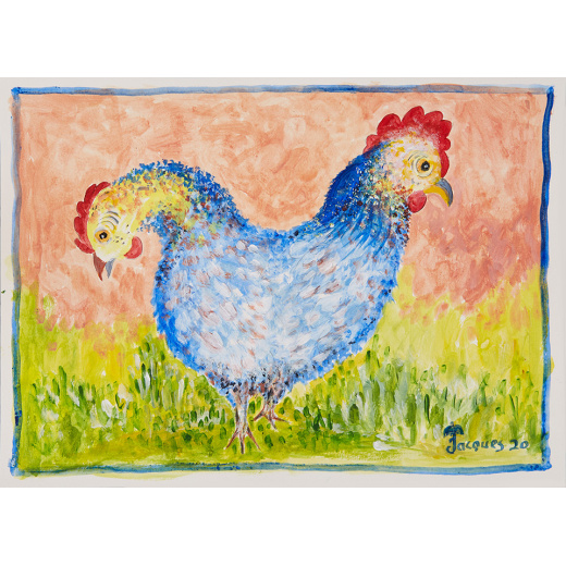 “Siamese Chickens” is an original painting by chef and artist Jacques Pepin