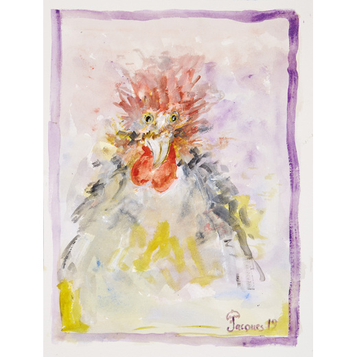 “Startled Chanticleer” is an original painting by chef and artist Jacques Pepin