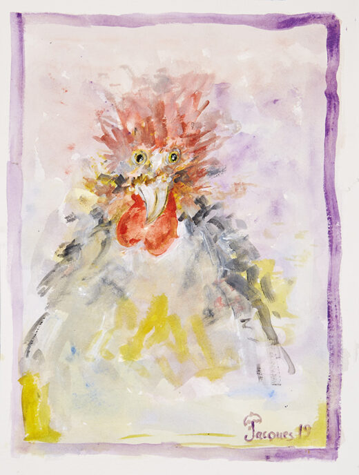 “Startled Chanticleer” is an original painting by chef and artist Jacques Pepin