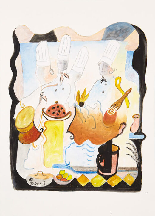 “Stylized Chefs” is an original painting by chef and artist Jacques Pepin