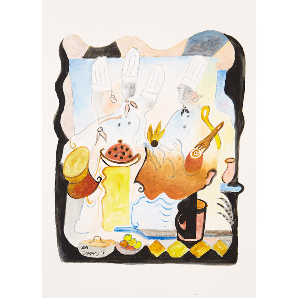 “Stylized Chefs” is an original painting by chef and artist Jacques Pepin