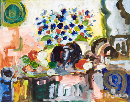 “Table Fruit Flowers” is an original painting by chef and artist Jacques Pepin