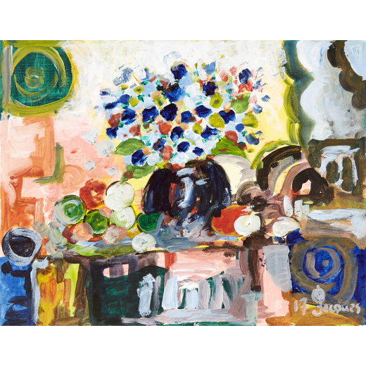 “Table Fruit Flowers” is an original painting by chef and artist Jacques Pepin