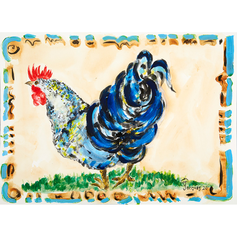“The Blue Cockerel” is an original painting by chef and artist Jacques Pepin