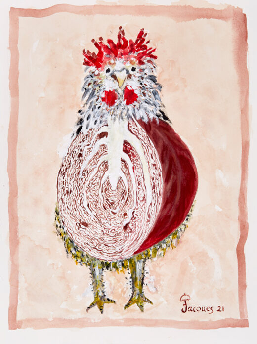 “Red Cabbage Rooster” is an original painting by chef and artist Jacques Pepin