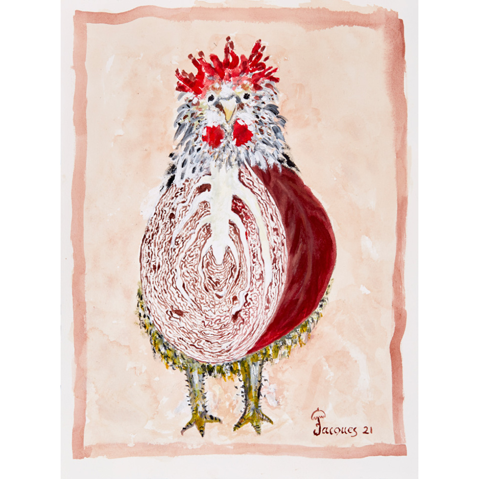 “Red Cabbage Rooster” is an original painting by chef and artist Jacques Pepin