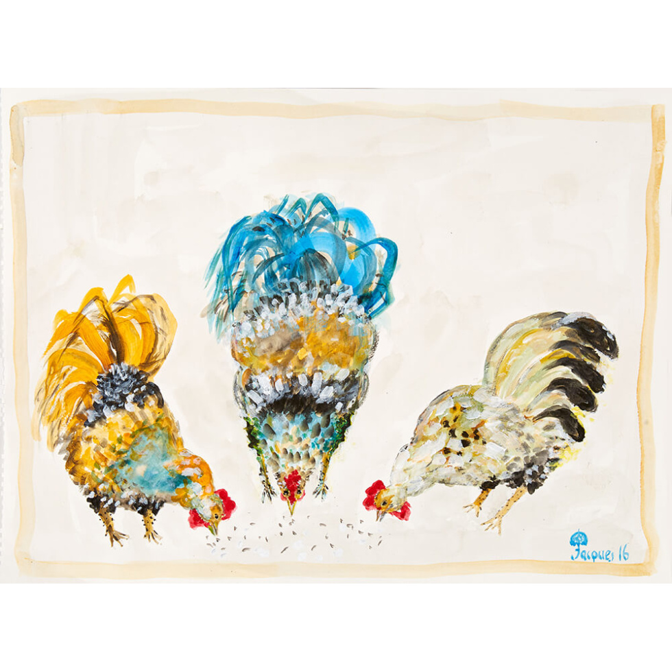 “Three Chickens” is an original painting by chef and artist Jacques Pepin