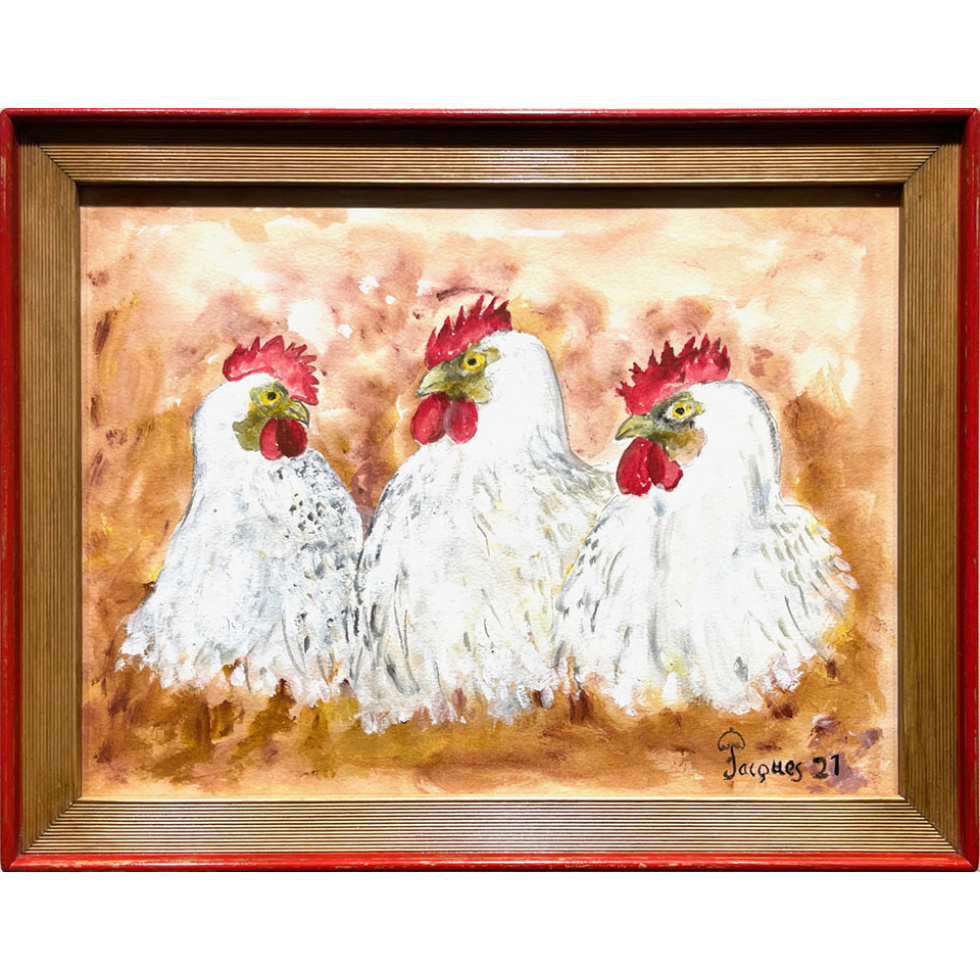 “Three Chickens of Bresse” is an original painting by chef and artist Jacques Pepin