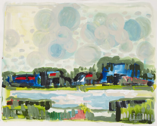 “Town on the River” is an original painting by chef and artist Jacques Pepin