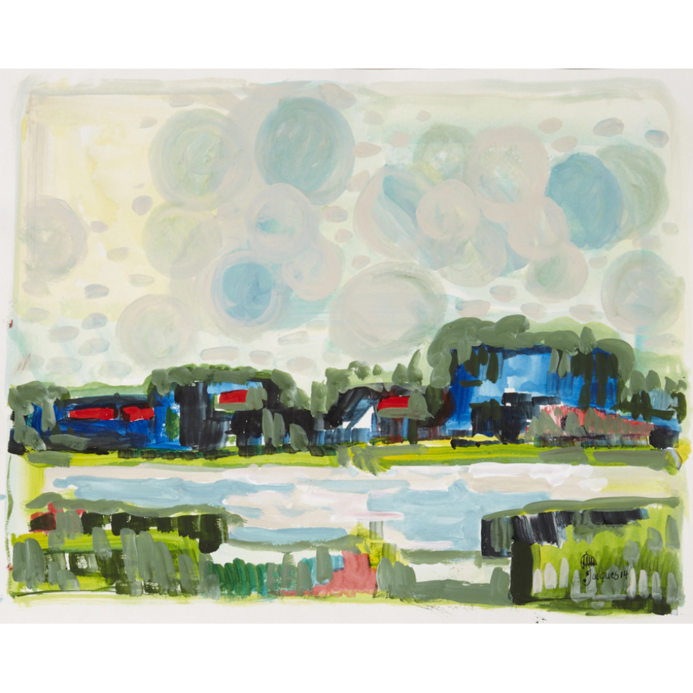“Town on the River” is an original painting by chef and artist Jacques Pepin