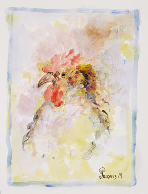“Untroubled Chicken” is an original painting by chef and artist Jacques Pepin