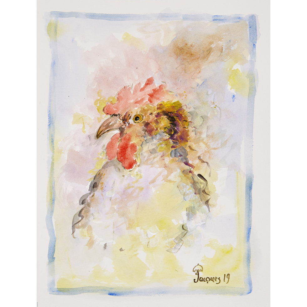 “Untroubled Chicken” is an original painting by chef and artist Jacques Pepin