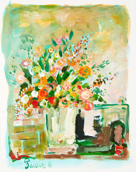 “White Vase Bouquet” is an original painting by chef and artist Jacques Pepin