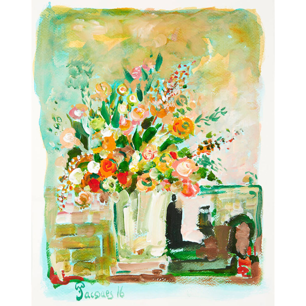 “White Vase Bouquet” is an original painting by chef and artist Jacques Pepin