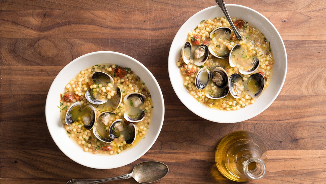 The Splendid Table: Jacques Pepin Fregula with Clams and Saffron Broth