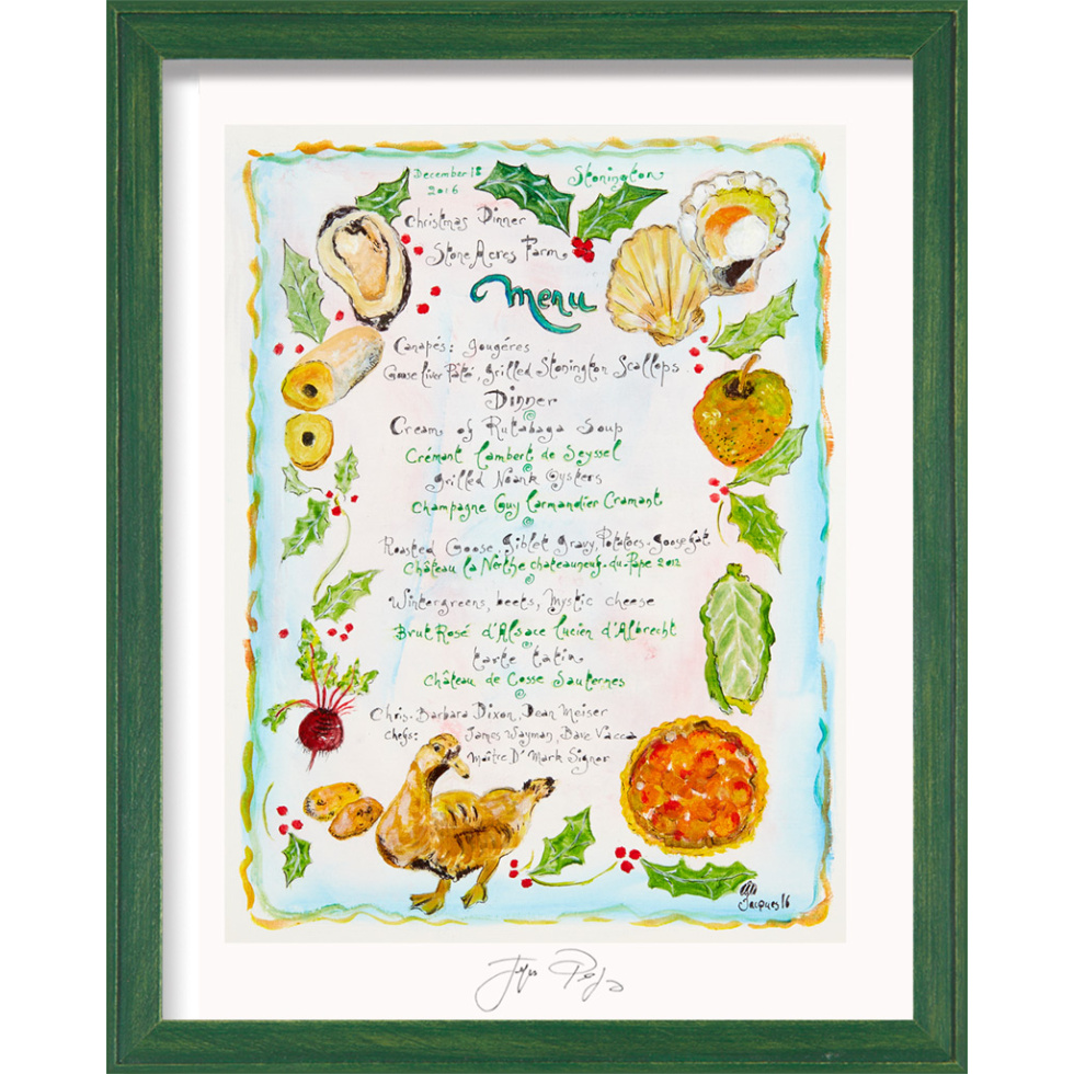 Jacques Pepin’s Personal Menu Art Prints by Chef and Artist Jacques Pepin. Jacques has created these menus for small dinners and celebrations. Each fine-art giclee print is individually signed and numbered. Available framed and unframed.
