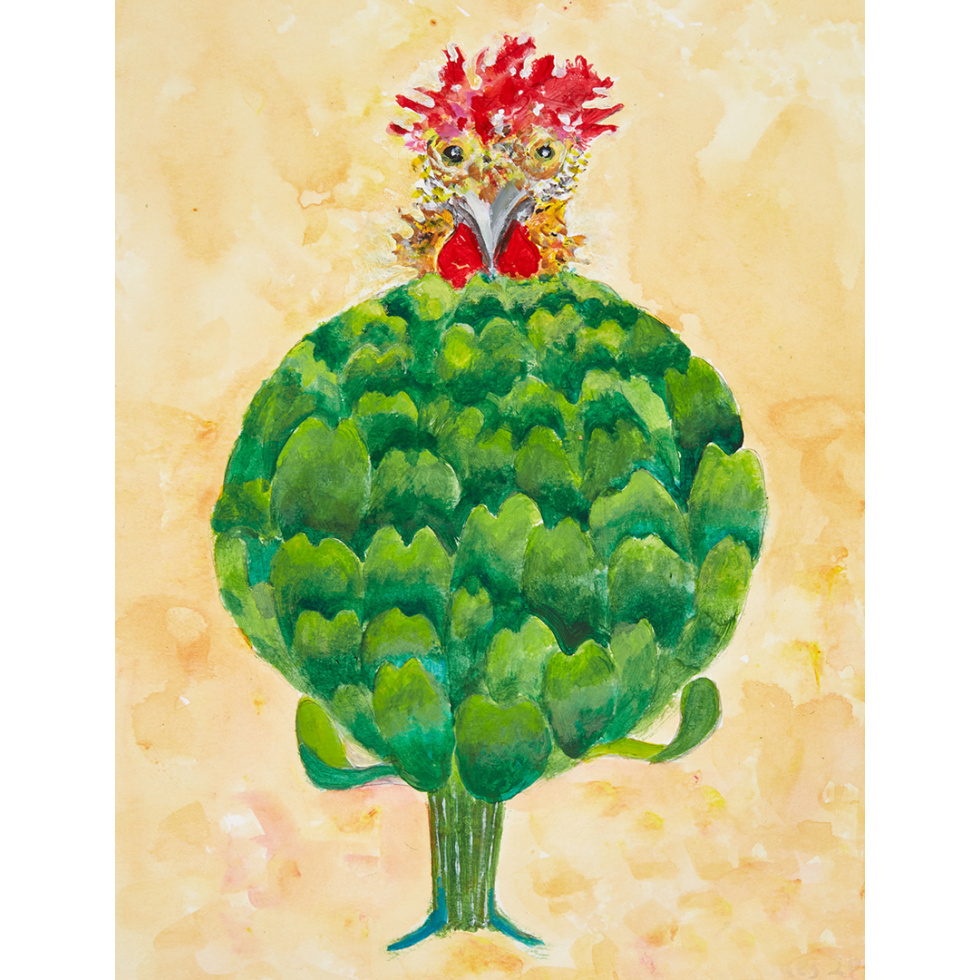 Close Up of Jacques Pepin’s Chicken with Artichoke Painting from His Book “Art of the Chicken”
