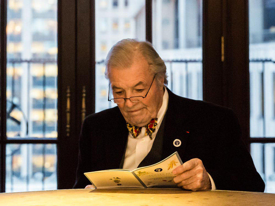 Jacques Pepin Foundation: Jacques in a Classic Bow Tie Prepares for a Speech