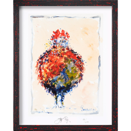 “Imperious Rooster” is a Limited Edition Signed and Numbered Print by Chef and Artist Jacques Pepin. Framed Version.