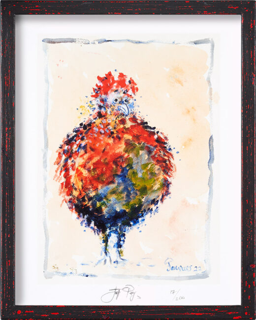 “Imperious Rooster” is a Limited Edition Signed and Numbered Print by Chef and Artist Jacques Pepin. Framed Version.
