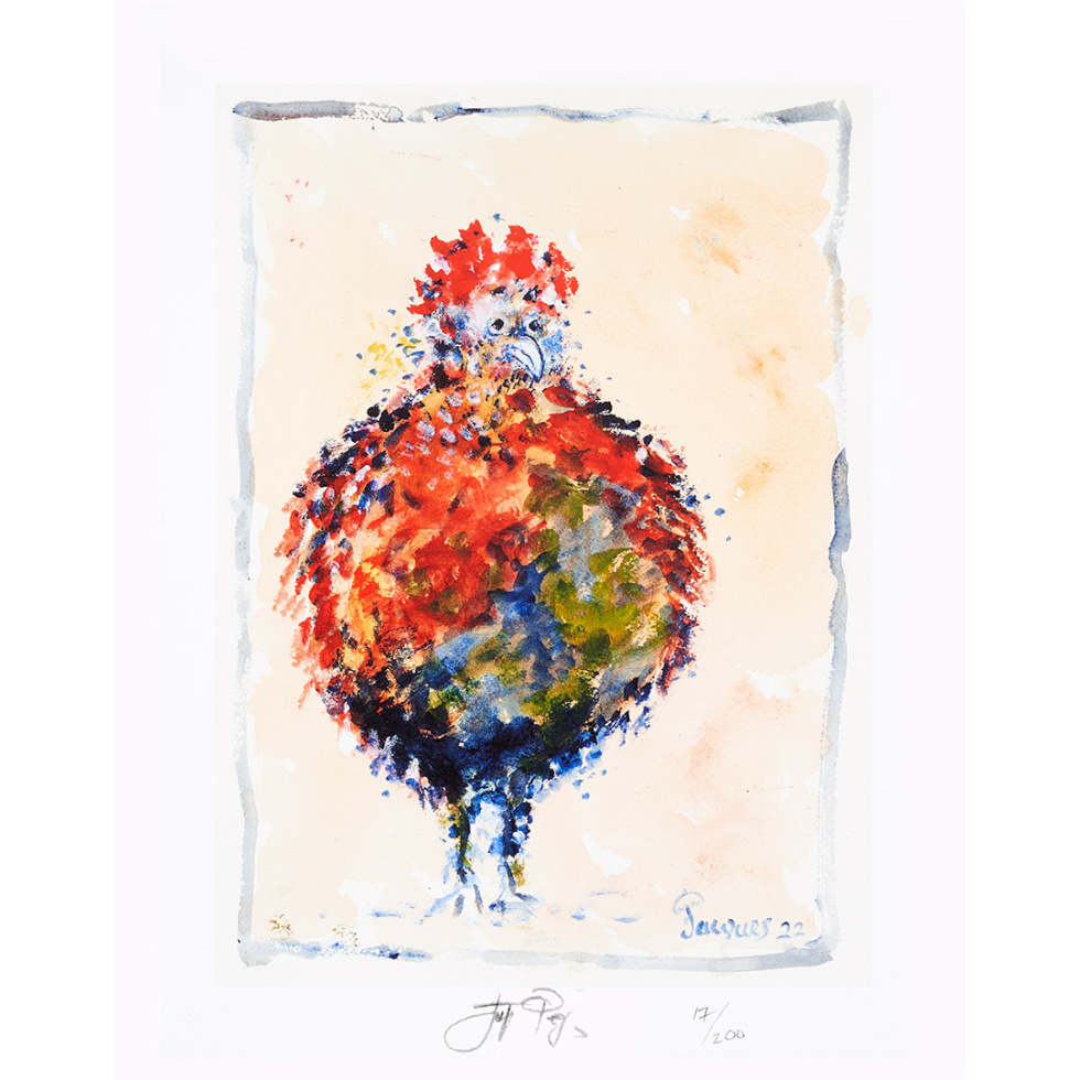 “Imperious Rooster” is a Limited Edition Signed and Numbered Print by Chef and Artist Jacques Pepin. Unframed Version.