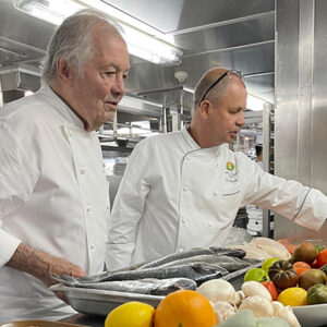 Jacques Pepin, Oceania Cruises’ Executive Culinary Director Aboard Ship in One of the Ship’s Kitchens