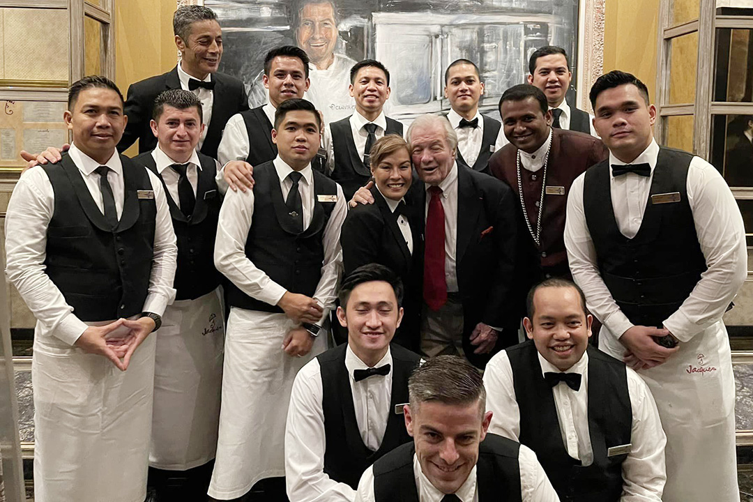 Oceania Cruises’ Executive Culinary Director Jacques Pepin surrounded by the cruise ship’s culinary staff.