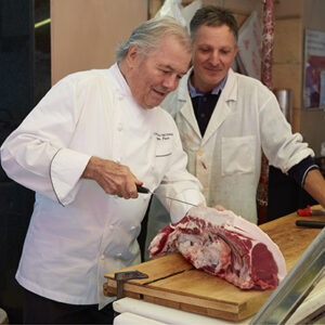 Jacques Pepin, Oceania Cruises’ Executive Culinary Director On Shore at a Port-of-Call at a Butcher’s Shop