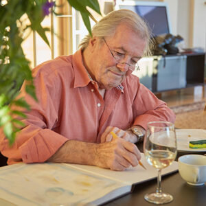 Jacques the Artist: Photo gallery on “The Artistry of Jacques Pepin”: Jacques at work in his artist’s studio.