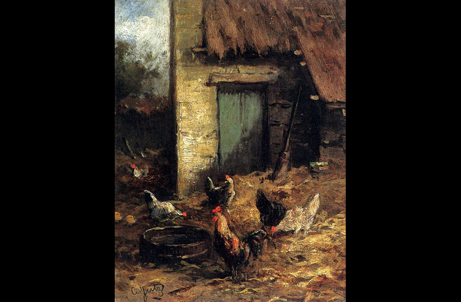 Roosters and Chickens in Art History: “Poultry in a Farmyard” by Carl Jutz