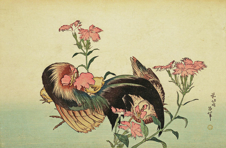 Roosters and Chickens in Art History: “Rooster, Chicken and Cloves” by Katsushika Hokusai