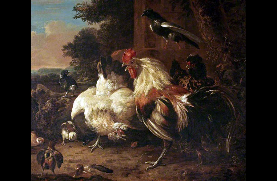 Roosters and Chickens in Art History: “A Cock, and Two Hens with Chicks in a Landscape” by Melchior de Hondecoeter