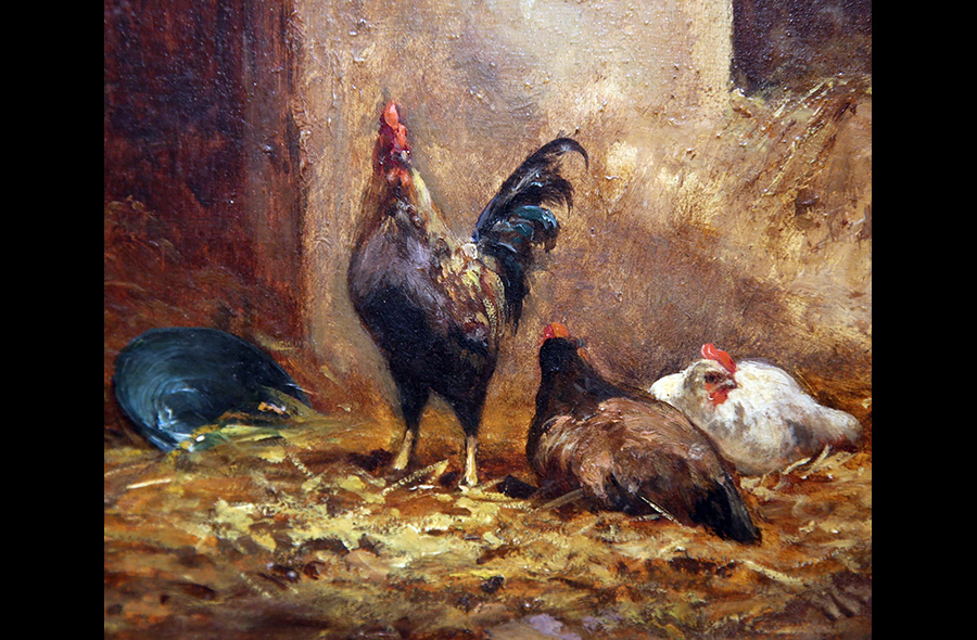 Roosters and Chickens in Art History: French Oil Painting by Morlet