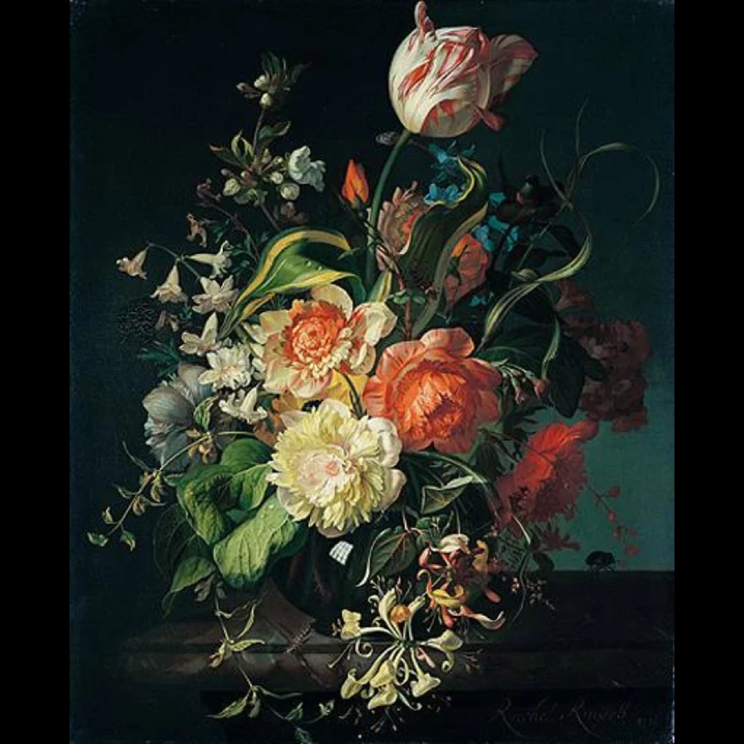 Rachel Ruysch “A Still Life of Roses Poppies Carnations and Other Flowers in a Glass Vase”