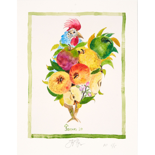 “Apples and Chicken” is an artist’s proof of a limited edition signed and numbered print by chef and artist Jacques Pepin.