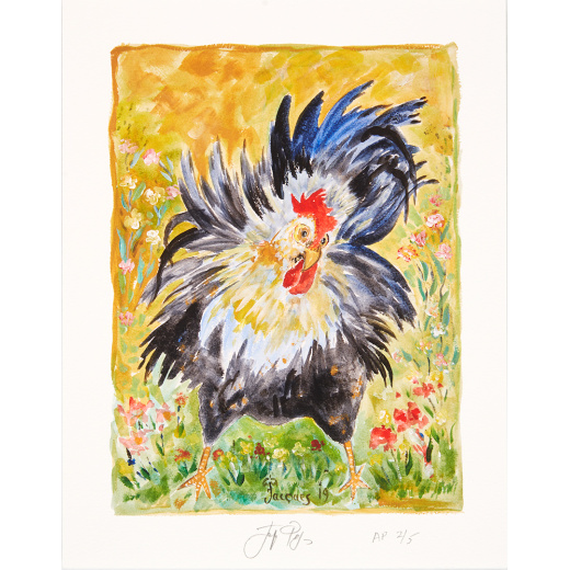 “Dancing Chicken” is an artist’s proof of a limited edition signed and numbered print by chef and artist Jacques Pepin.