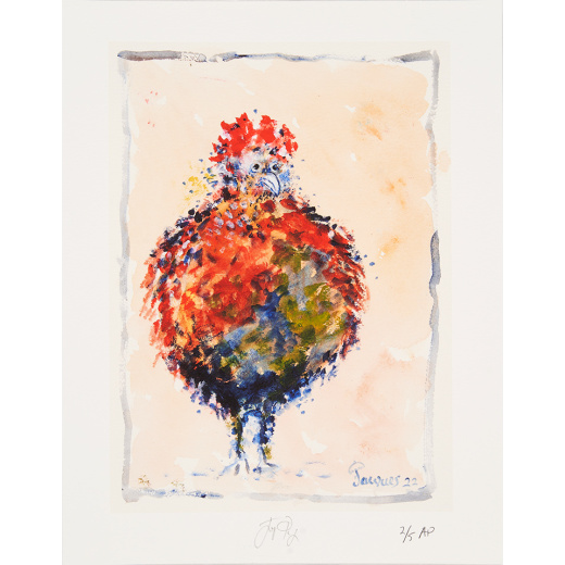 “Imperious Rooster” is an artist’s proof of a limited edition signed and numbered print by chef and artist Jacques Pepin.