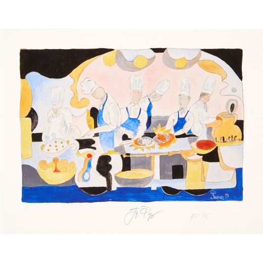 “La Brigade de Cuisine” is an artist’s proof of a limited edition signed and numbered print by chef and artist Jacques Pepin.
