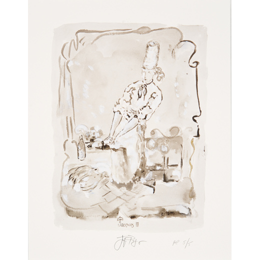 “La Cuiniere” is an artist’s proof of a limited edition signed and numbered print by chef and artist Jacques Pepin.
