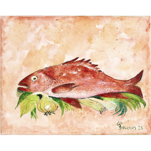 “Red Snapper” Jacques Pepin Original Still Life Fish and Fresh Vegetables