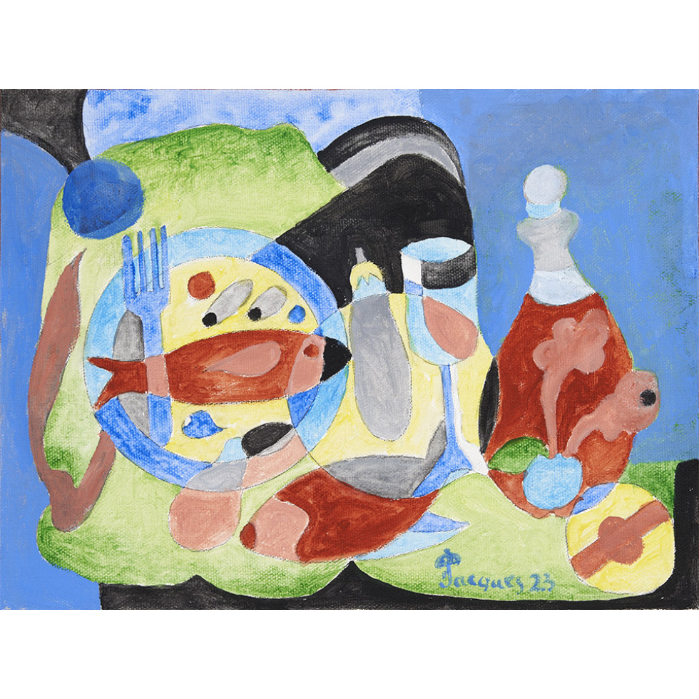 “Table Setting” Jacques Pepin Original Abstract Still Life with Fish and Wine