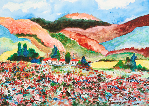 “Mountains, Fields, Flowers” is an individually signed and numbered limited edition print by chef and artist Jacques Pépin...