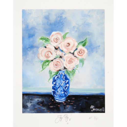 “Roses” is a signed limited edition “artist’s proof” (a proof for the artist to review before a larger print run is started. Signed “AP 2/5” by chef and artist Jacques Pépin.