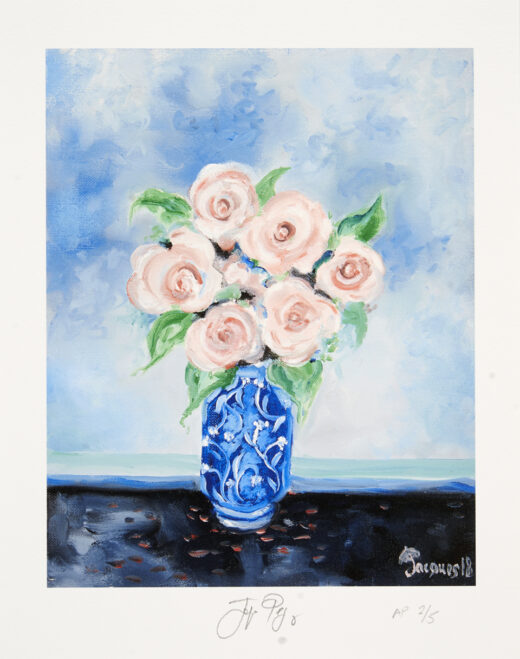 “Roses” is a signed limited edition “artist’s proof” (a proof for the artist to review before a larger print run is started. Signed “AP 2/5” by chef and artist Jacques Pépin.