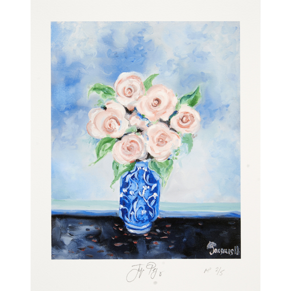 “Roses” is a signed limited edition “artist’s proof” (a proof for the artist to review before a larger print run is started. Signed “AP 2/5” by chef and artist Jacques Pépin.